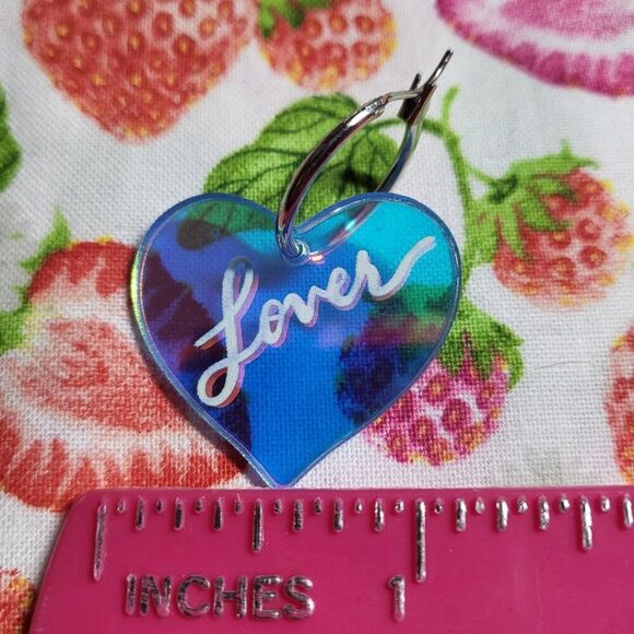 Blue "Lover" Reflective Heart Shaped Acrylic Earrings - Picture 5 of 6